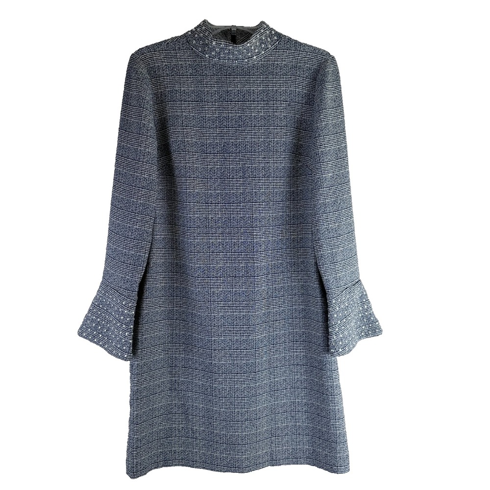 Karl Lagerfeld Shift Dress Size M Pearl Embellished Mock Neck Bell Sleeve Plaid
